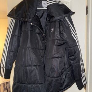 Adidas Women's Black Puffer Jacket with White Stripes